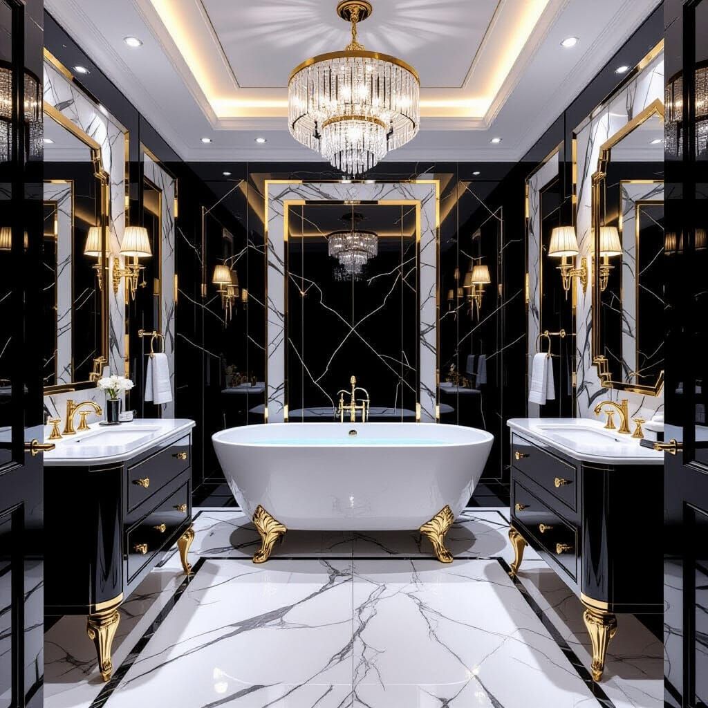 Lavish Black, White, Gold Bathroom with Ornate Chandelier