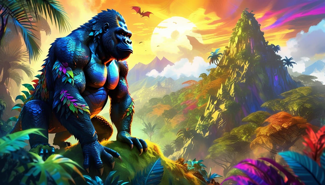 Dragon Gorilla Surveys Jungle Kingdom in Digital Painting