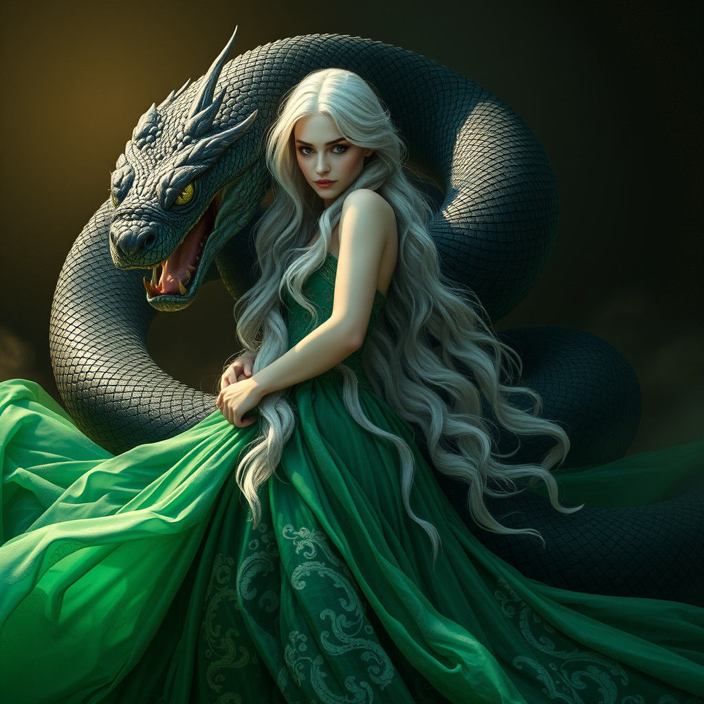 Emerald Gown and Serpent in High Fantasy Style