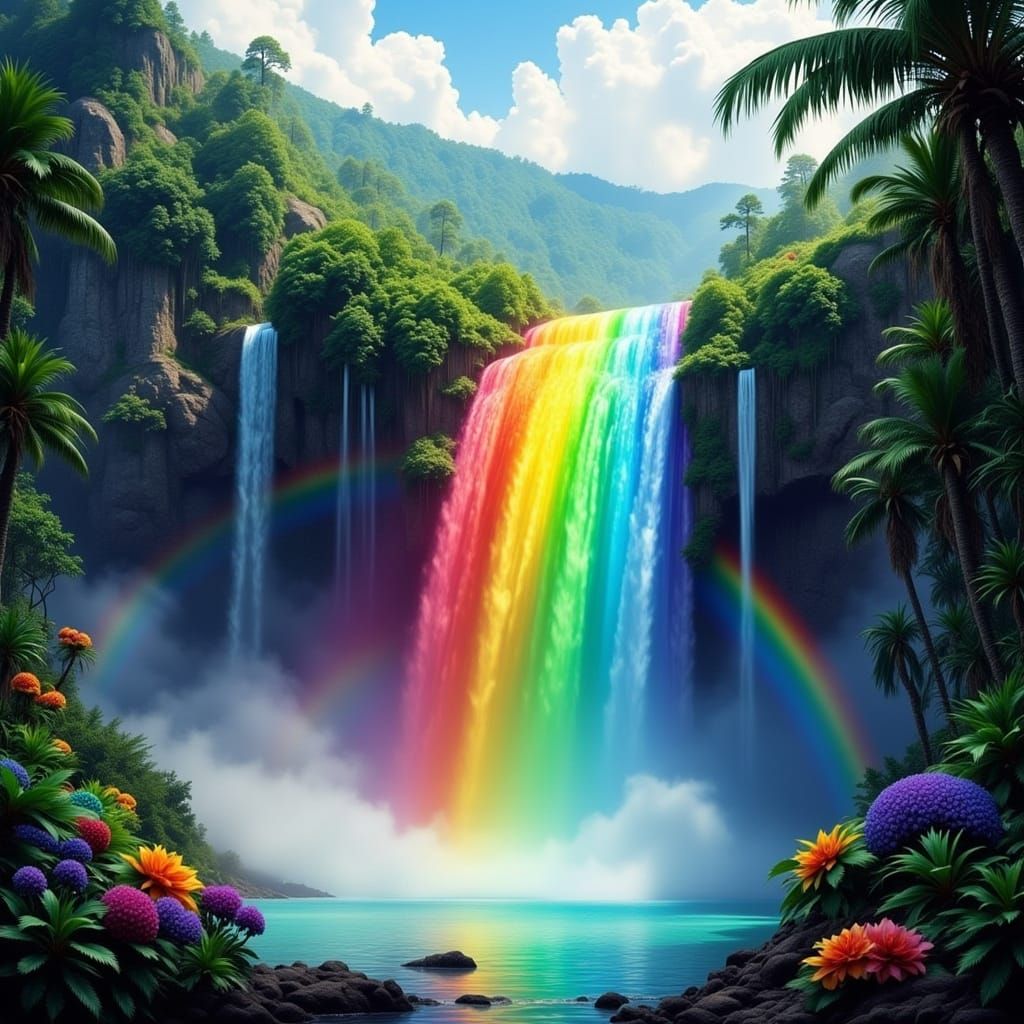 Ethereal Futuristic Rainbow Waterfall in Lush Exotic Landsca...