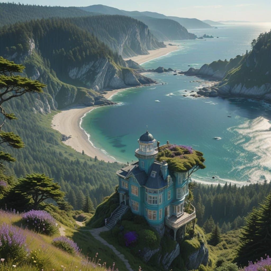 Turquoise Victorian Mansion Amidst Vibrant Wildflowers on a...