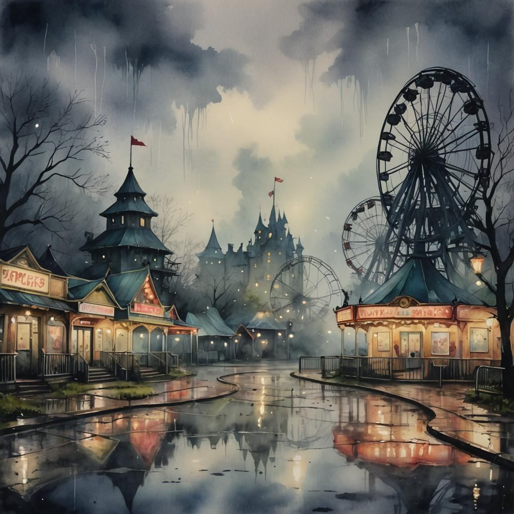 Eerie Abandoned Theme Park: Watercolor Nightscape