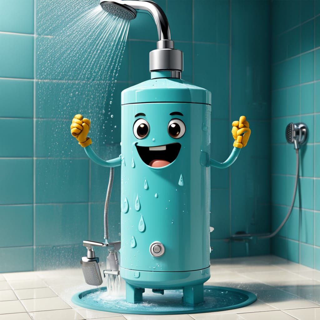 An anthropomorphic battery taking a shower and getting clean.