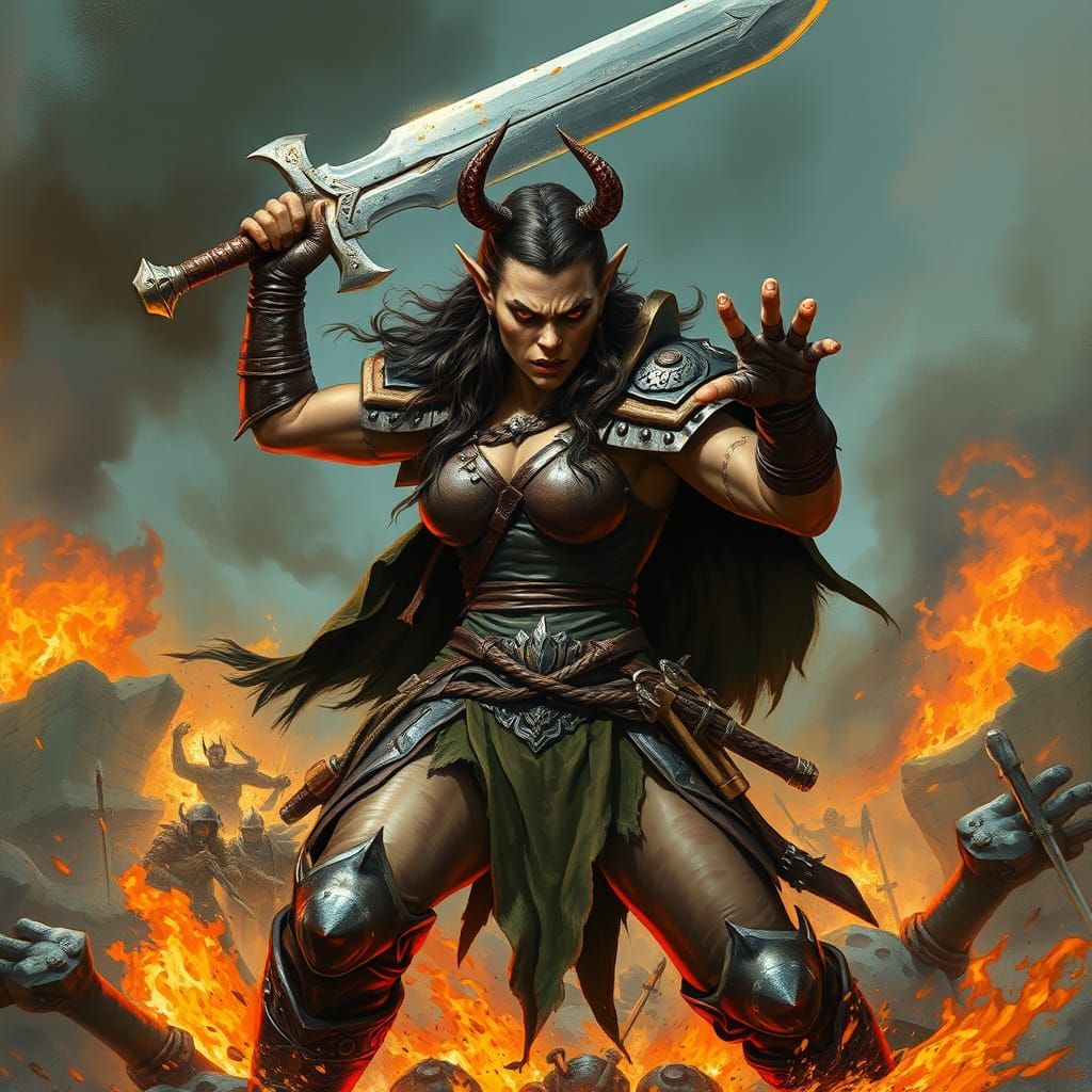 Fierce Orc Warrior on Burning Battlefield
