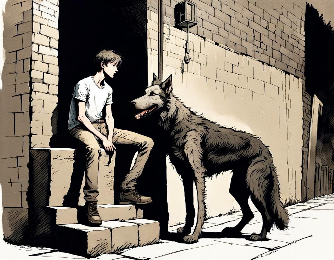 Boy, Dog, and Teenager: Dark Fantasy Art