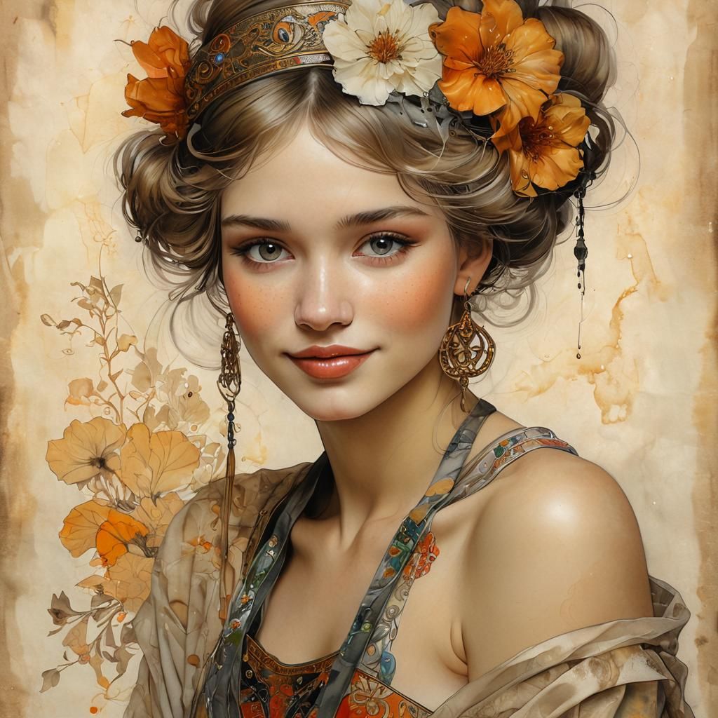 Radiant Portrait with Bold Outlines in Art Nouveau Style