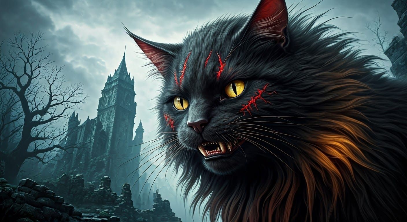 Sinister Black Cat in Castle Ruins: Dark Fantasy Art