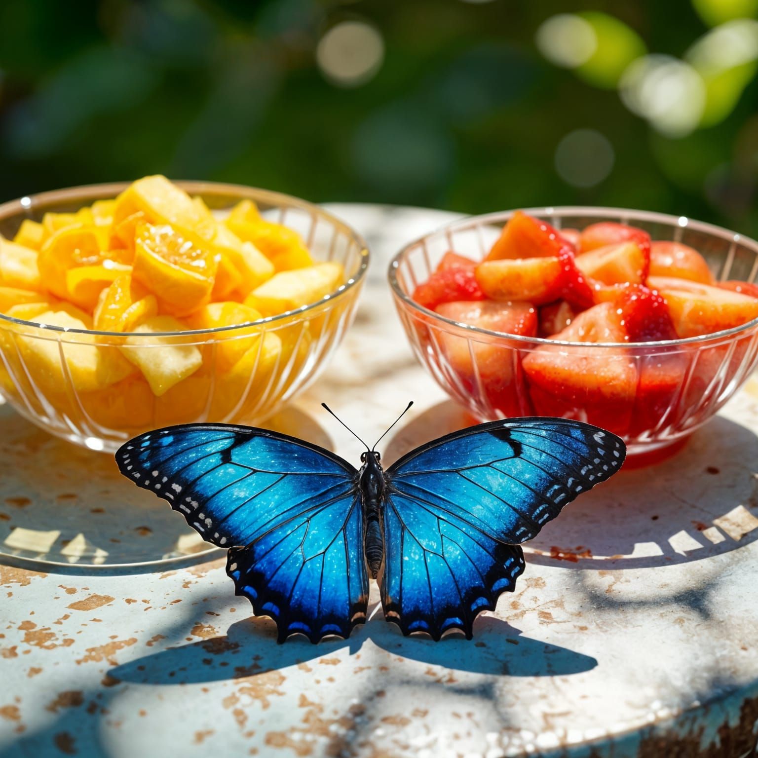 Sapphire Butterfly with Fruit Bowls, Photorealistic Image