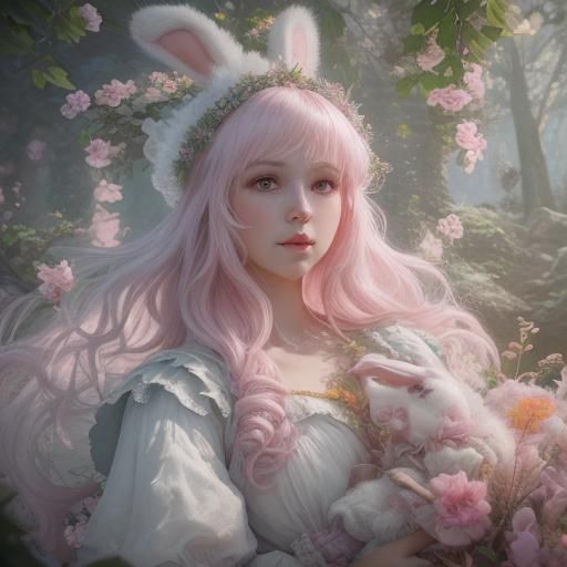 Misty Mountain Landscape with Adorable Bunny in Witch Hat