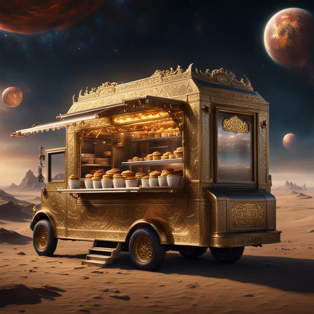a majestic royal food truck floating in the infinite expanse...