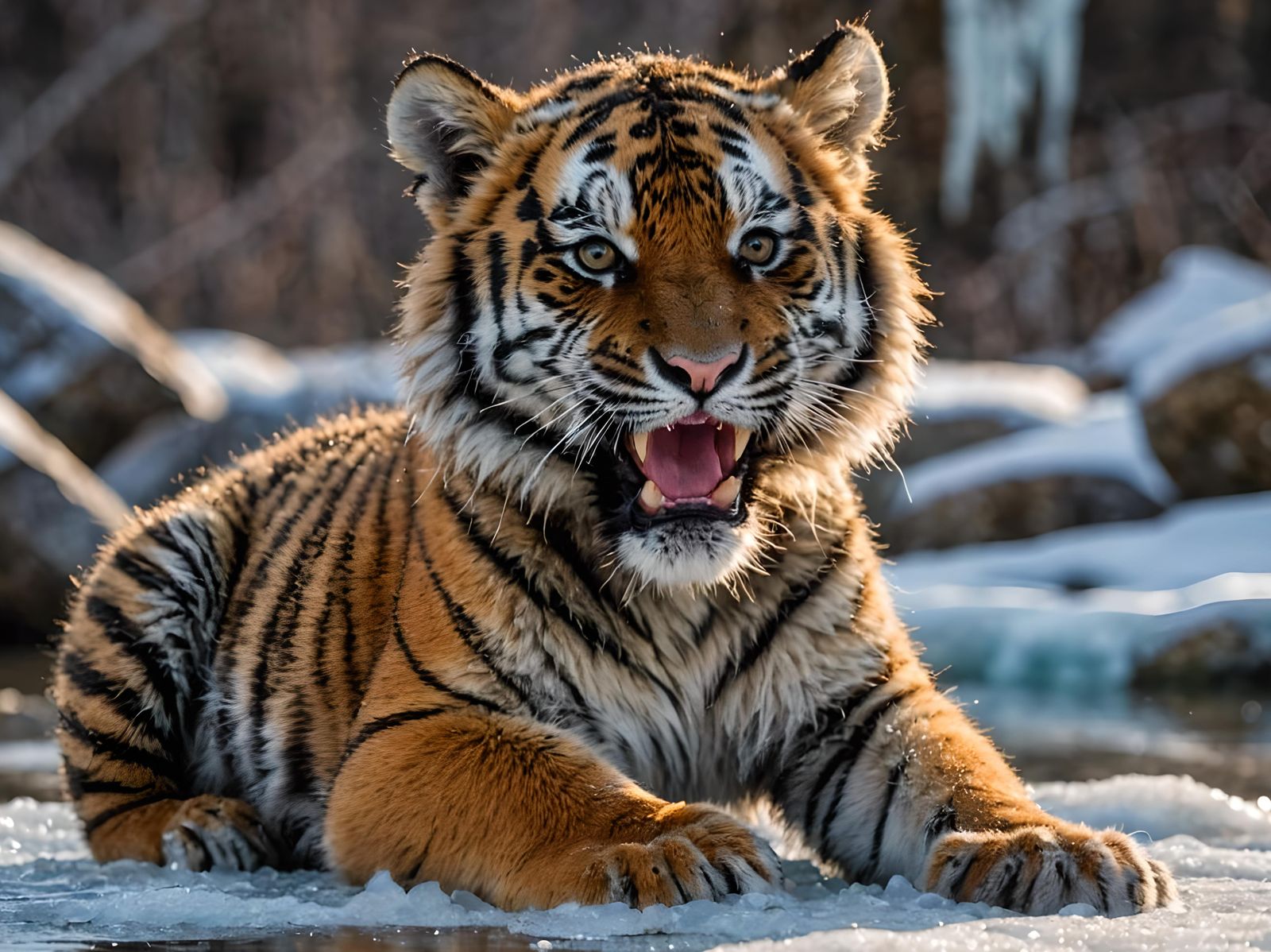 Tiger Cub Yawning by Frozen River, Hyper-Realistic
