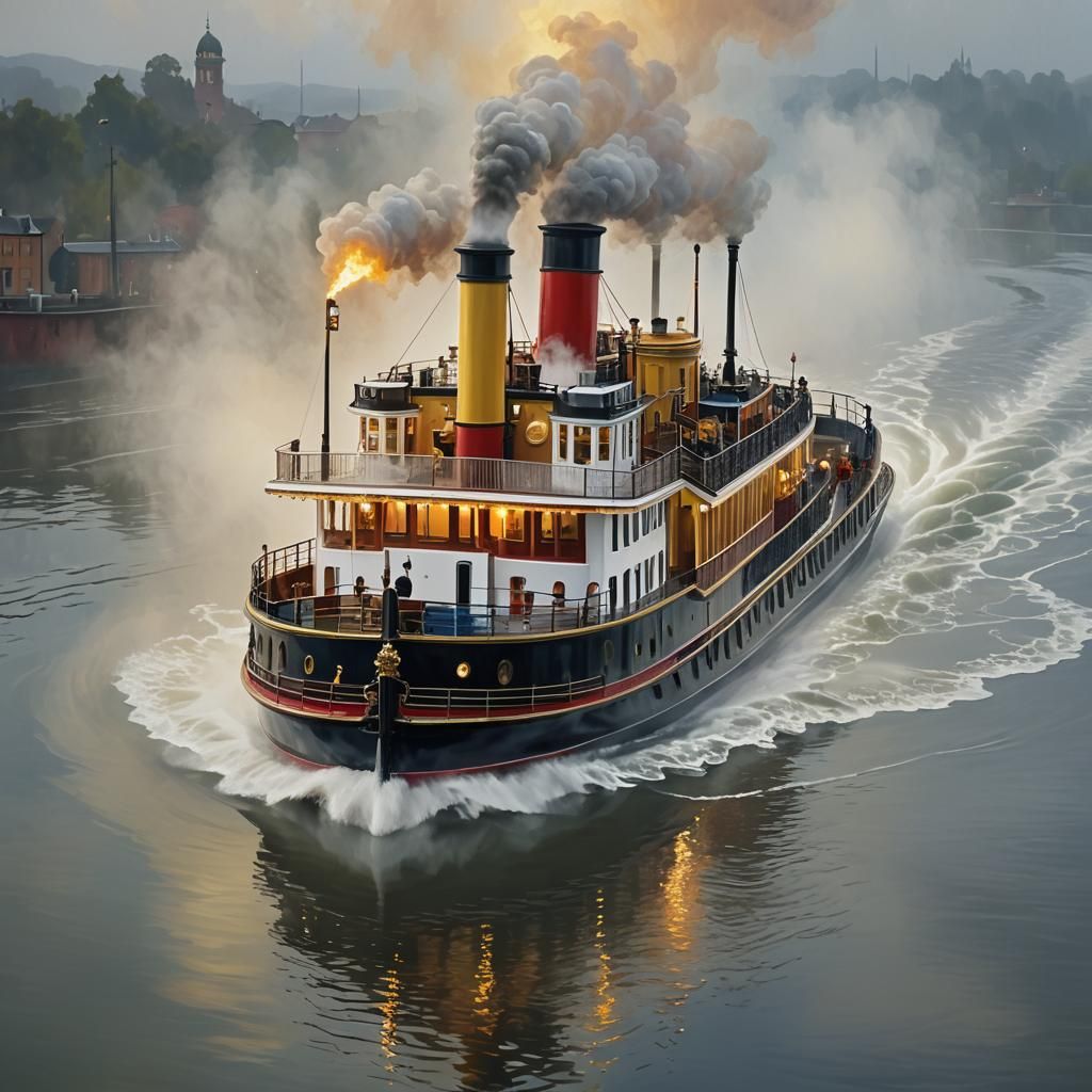Paddle Steamer Cruises Misty Waters: Hyperrealistic Digital ...