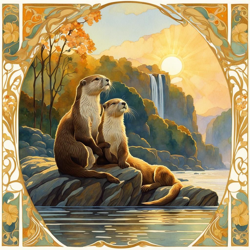 Cuddling Otters in River: Art Nouveau Watercolor