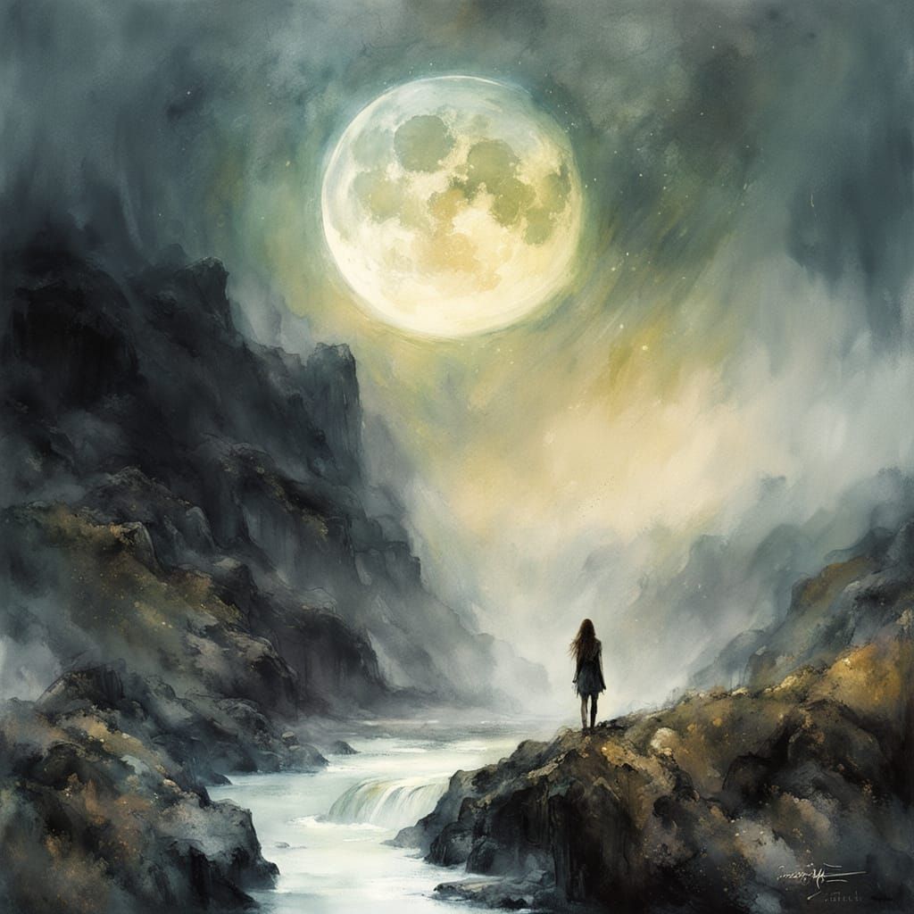 Lush Summer Scape with Gothic Ferrywoman in Alcohol Ink