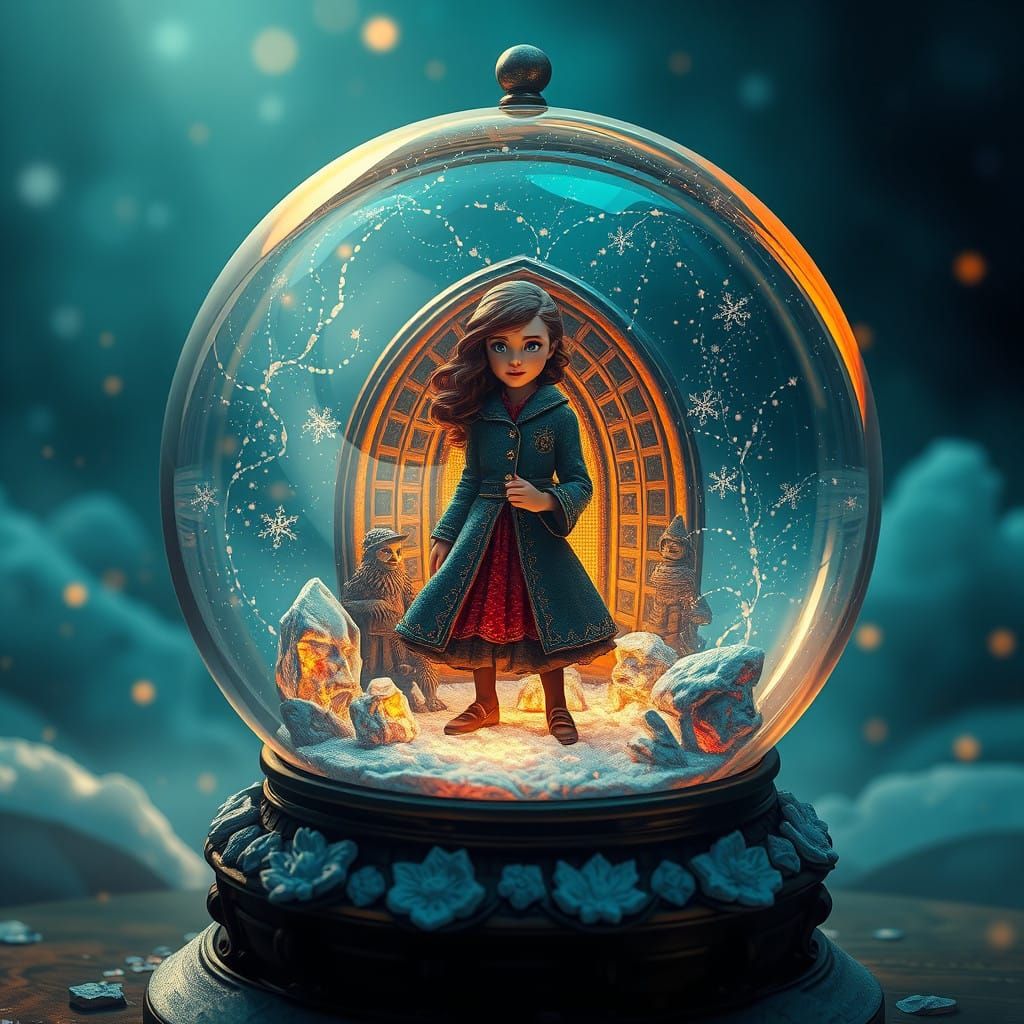 Whimsical Snow Globe Scene with Hermione Granger