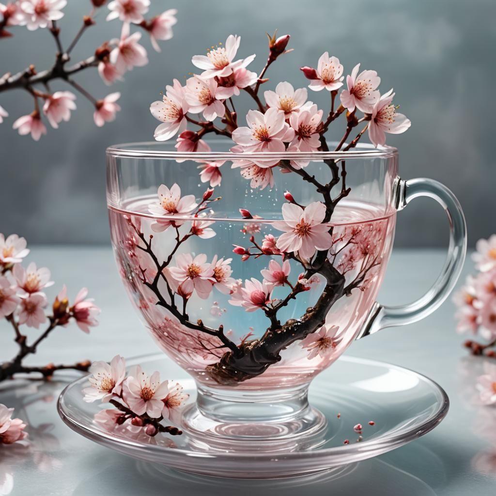 Cherry Blossom Waterfall in Glass Teacup: Double Exposure Ar...