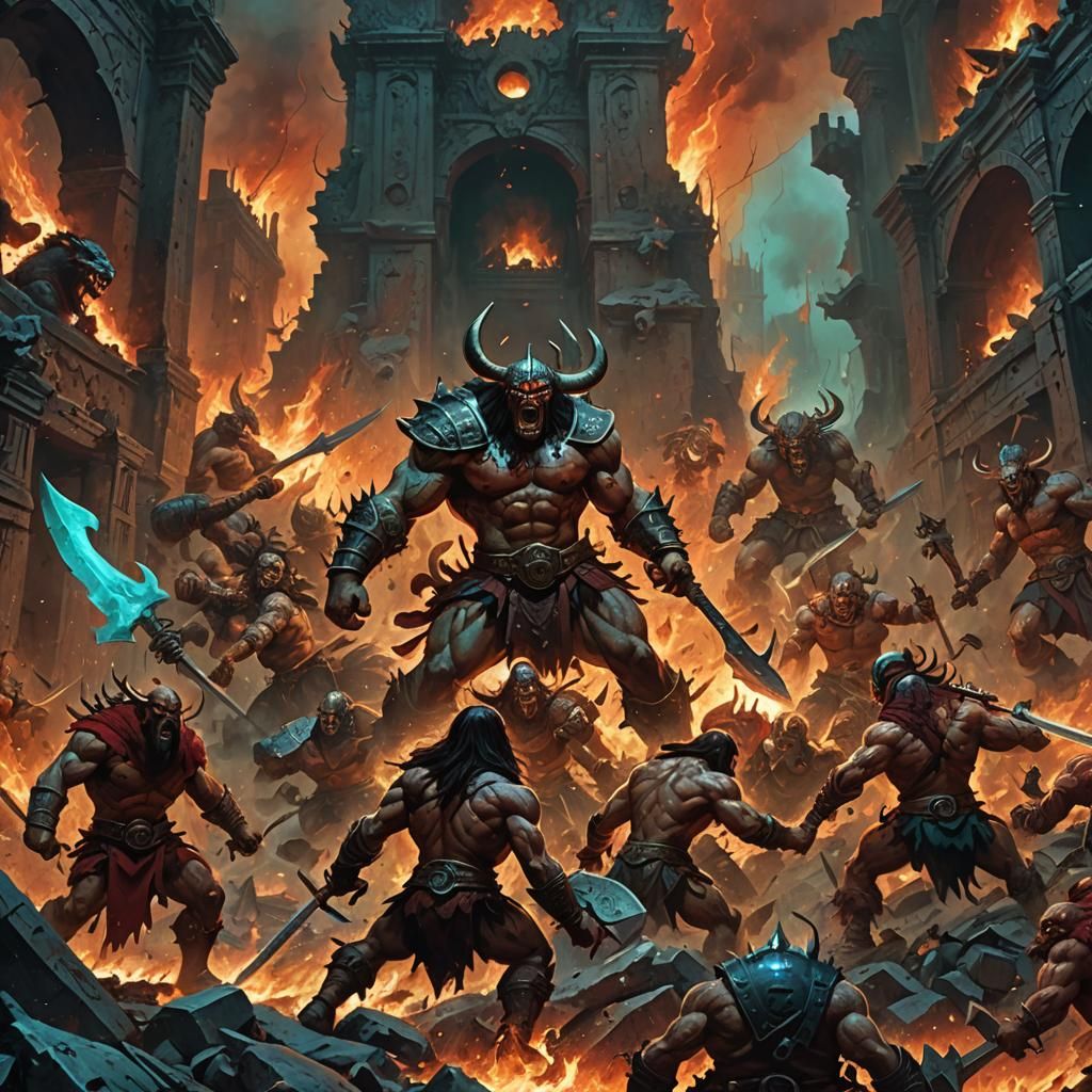 Barbarian Warriors Clash in Hellscape, Fantasy Art