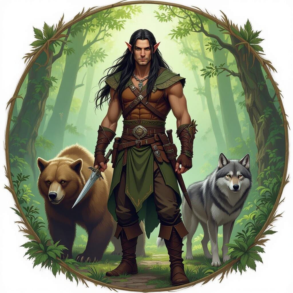 Forest Elf Druid with Bear and Wolf
