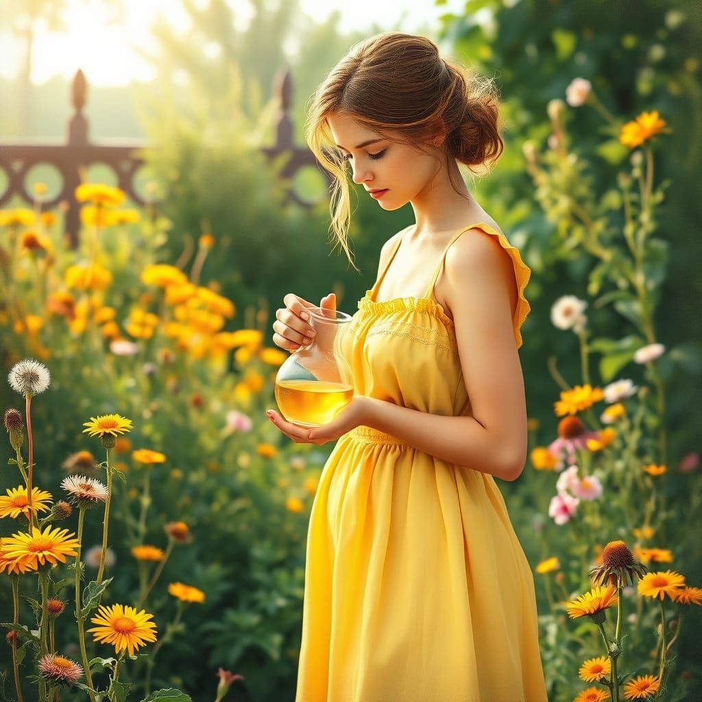 Nostalgic Woman in Sunlit Garden With Dandelion Wine