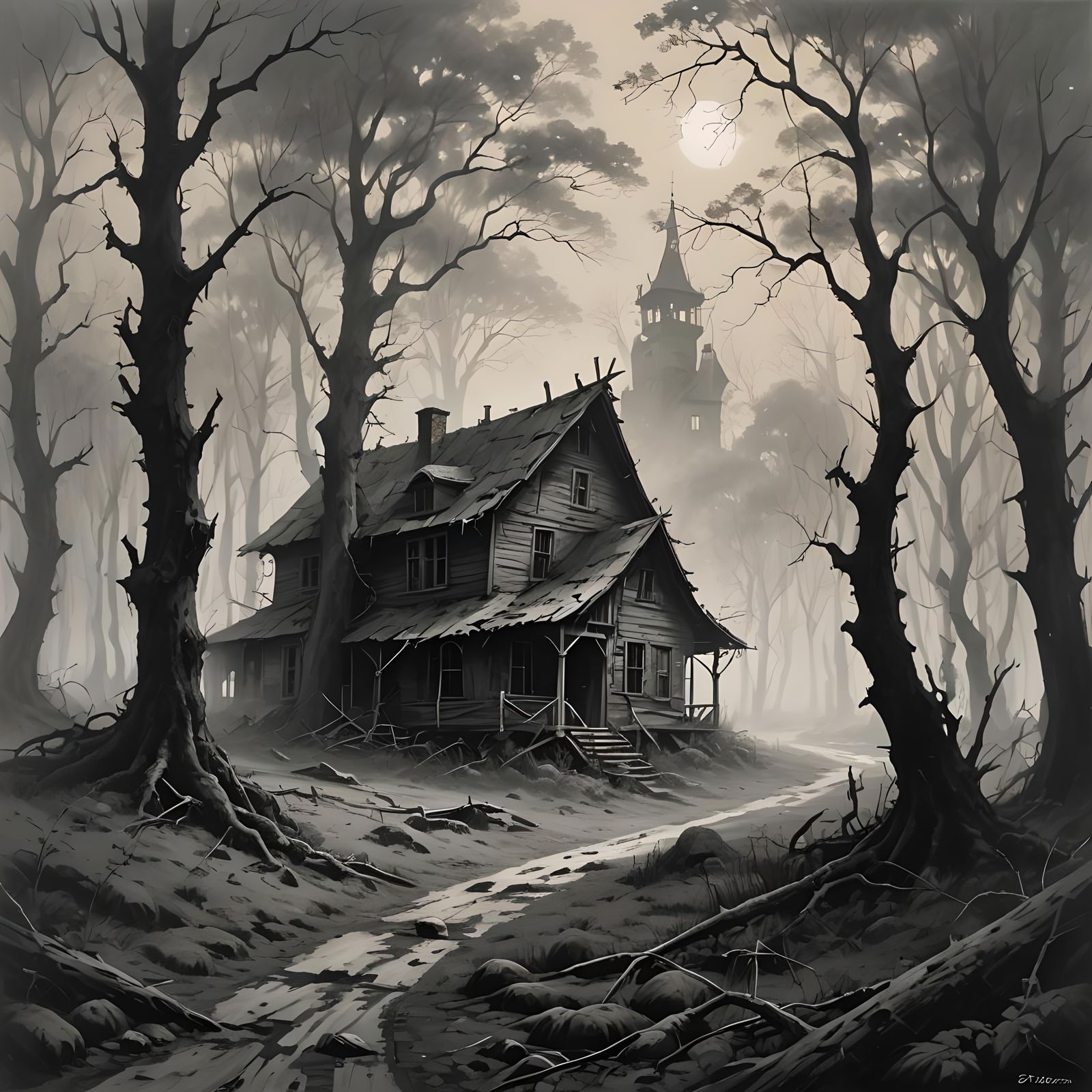 Monochromatic Abandoned Village in Eerie Woodland