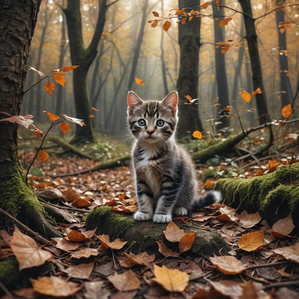 Kitten's Autumn Adventure in Mystical Forest
