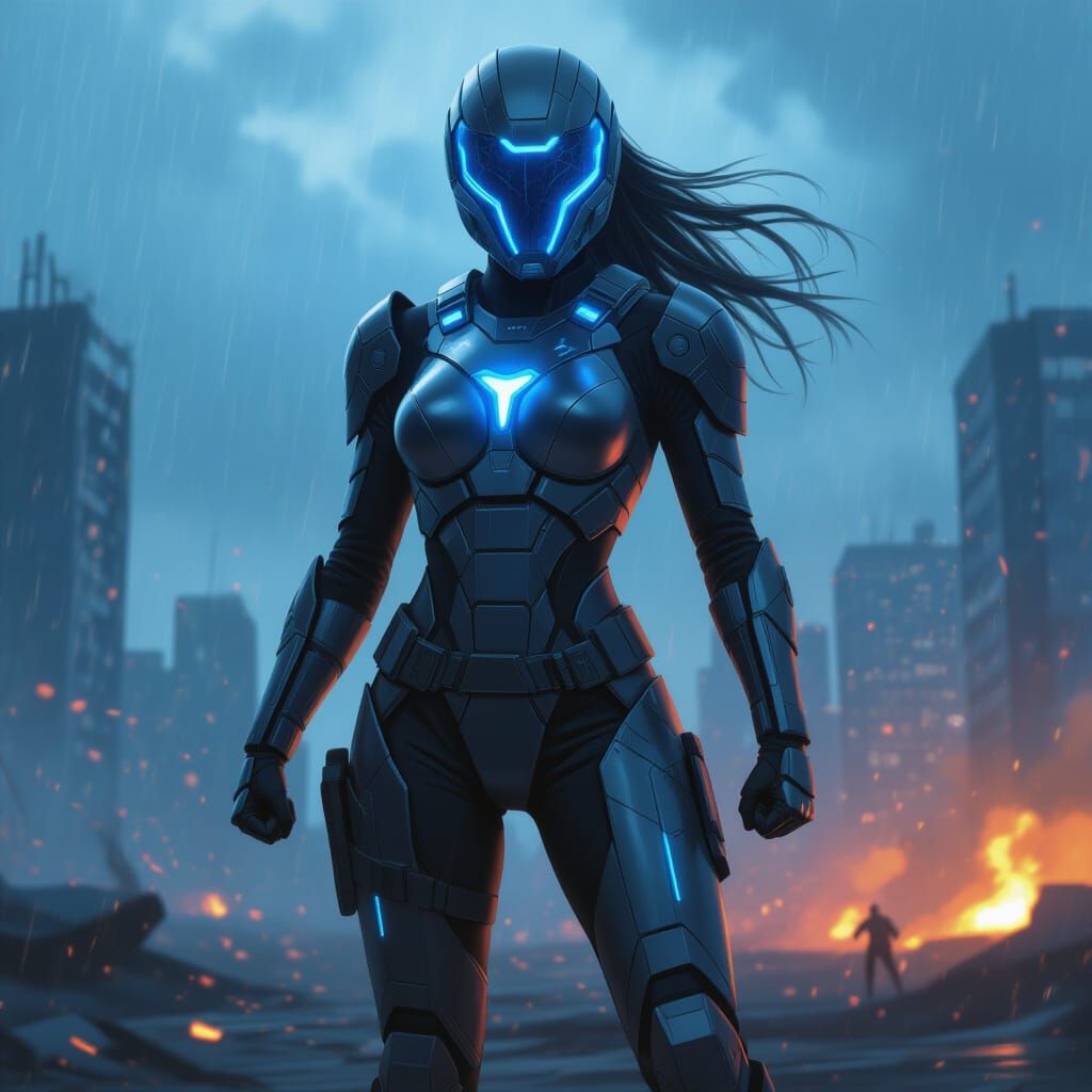 Female Fighter In High-Tech Armor Ready For Battle