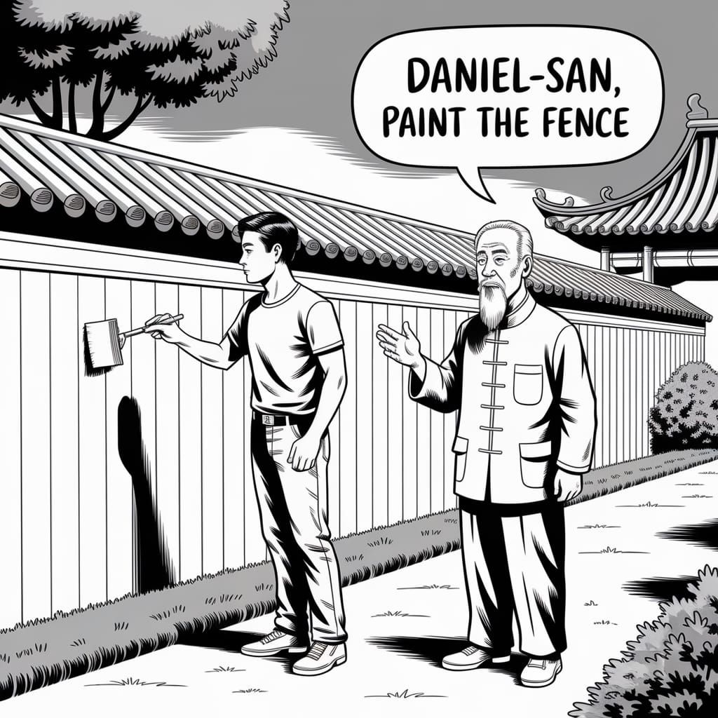 Young Man Paints Fence in Chinese Garden