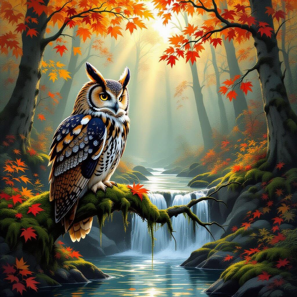 Majestic Owl Overlooking Autumn Waterfall in Fantasy Style
