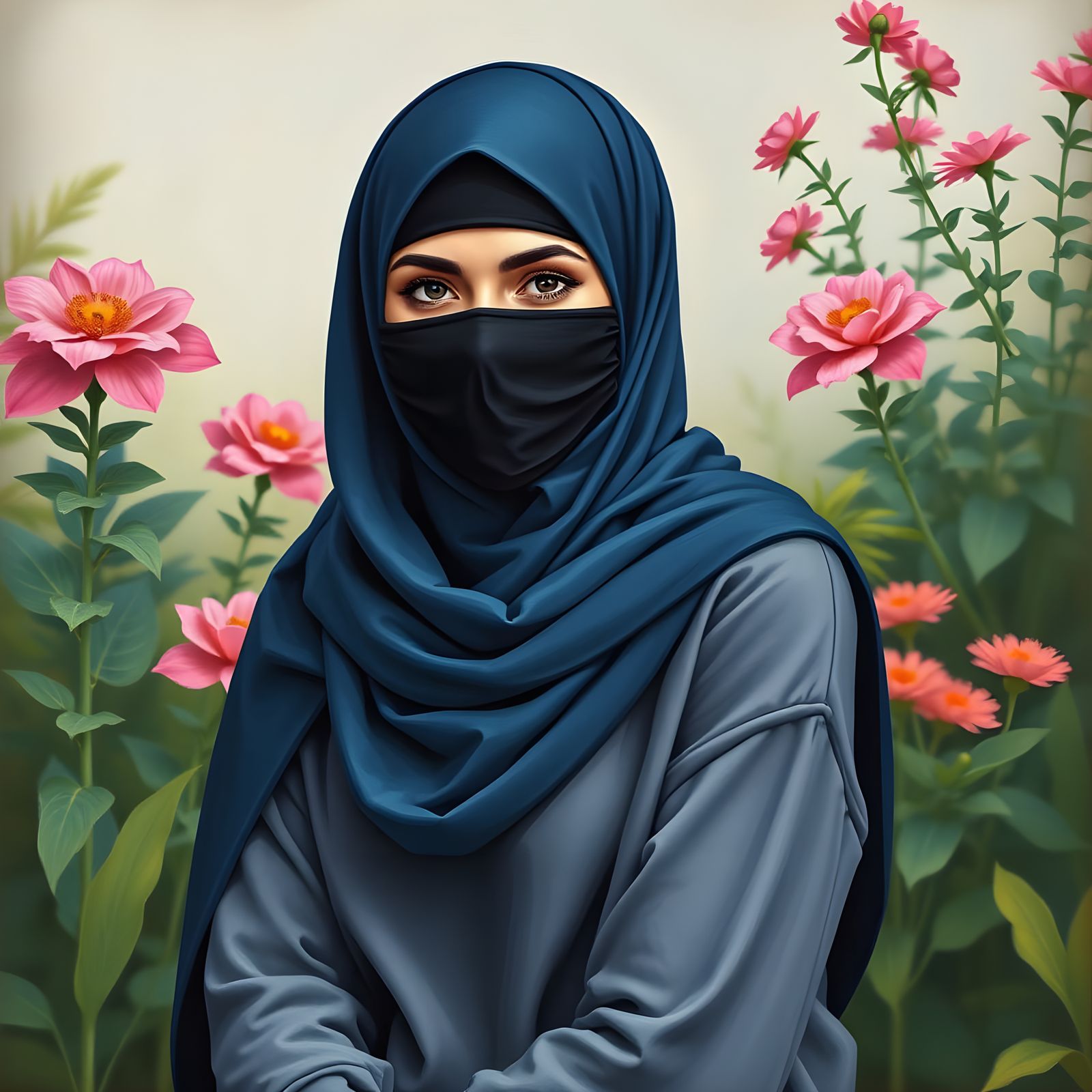 Woman in Hijab in Botanic Garden, Oil Painting