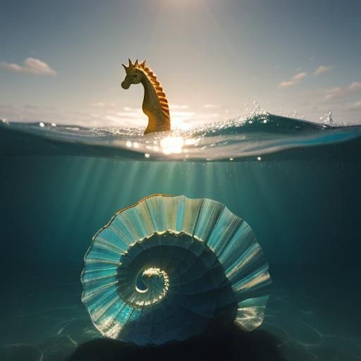 Golden Seahorse in Clear Water: Seascapes Photography