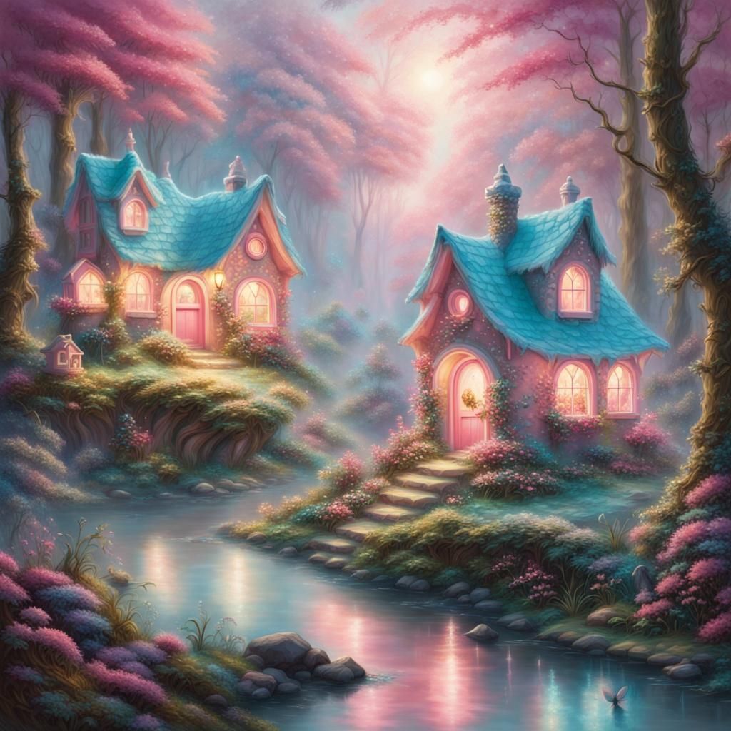Pink and Cyan Fairies in an Illuminated Fantasy Forest