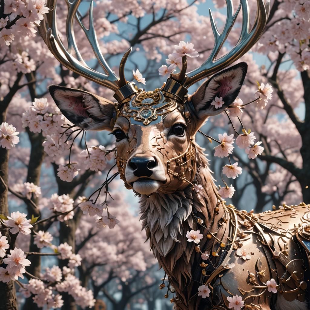 Deer Adorned with Cherry Blossoms in Sci-Fi Style