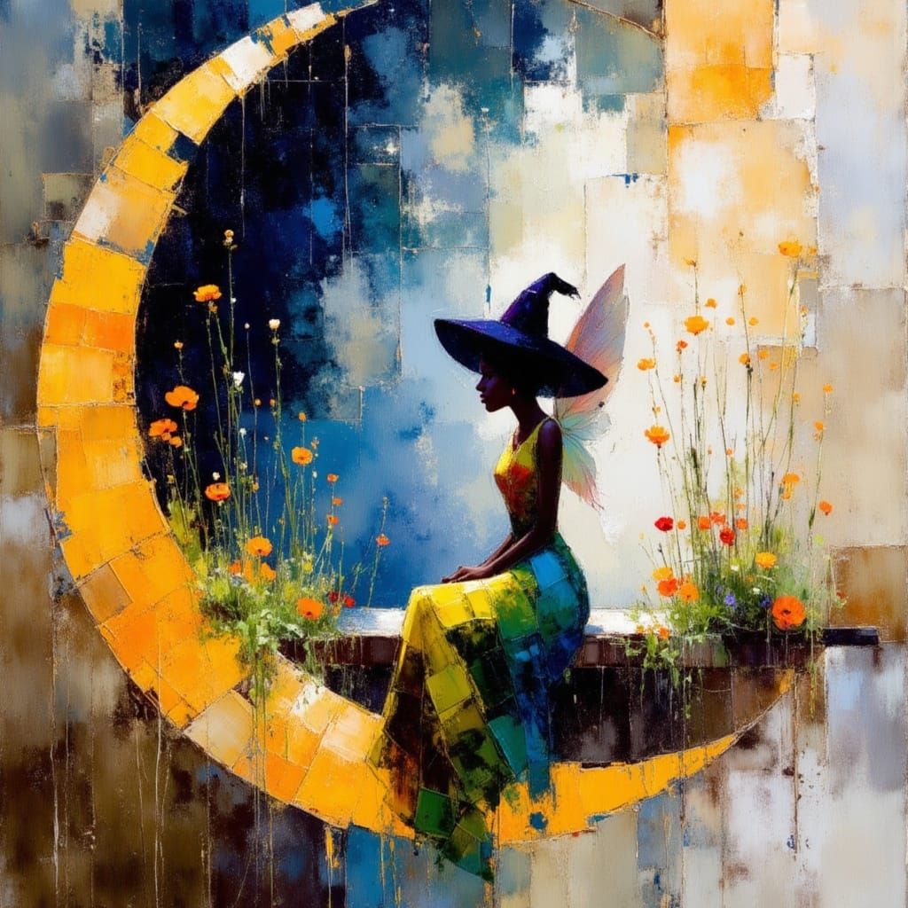 Surreal Pixie on Crescent Moon in Vibrant Colors