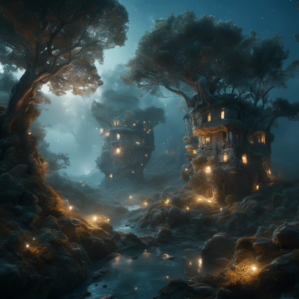 Enchanted Landscape with Crashed Airship in Surreal Style