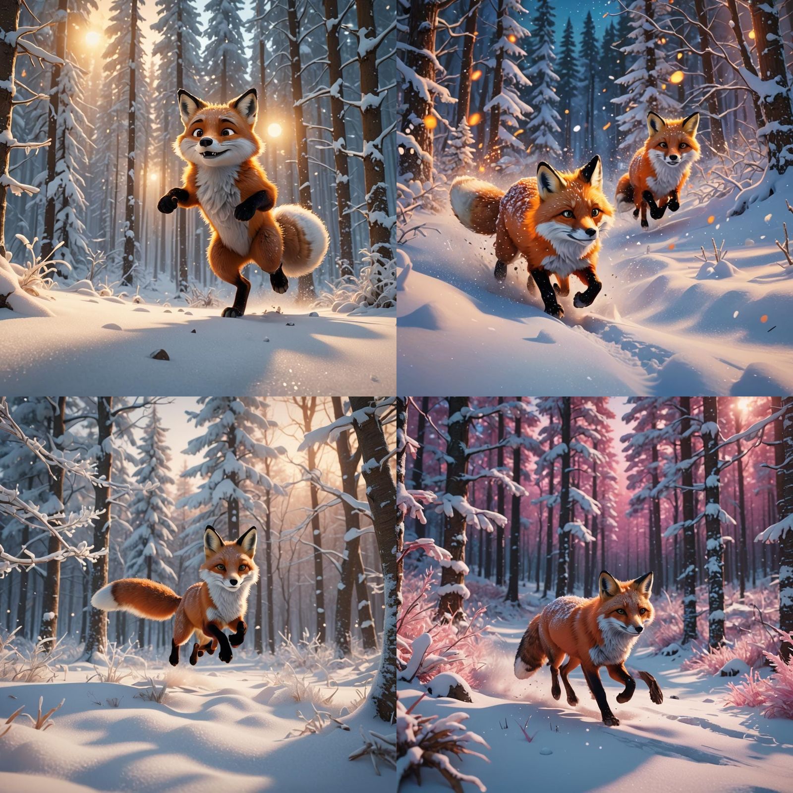Fox Runs Through Snowy Forest: Pixar-Inspired 3D Art