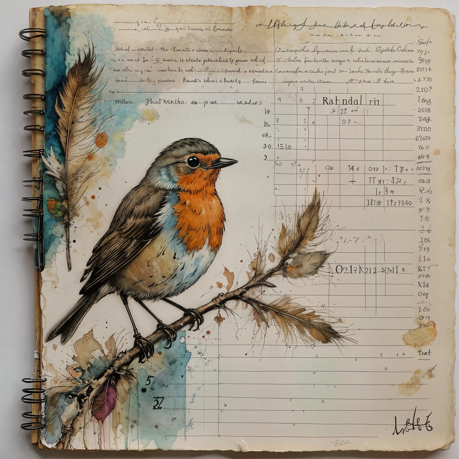 Robin on Vintage Ledger Page with Watercolor Wash