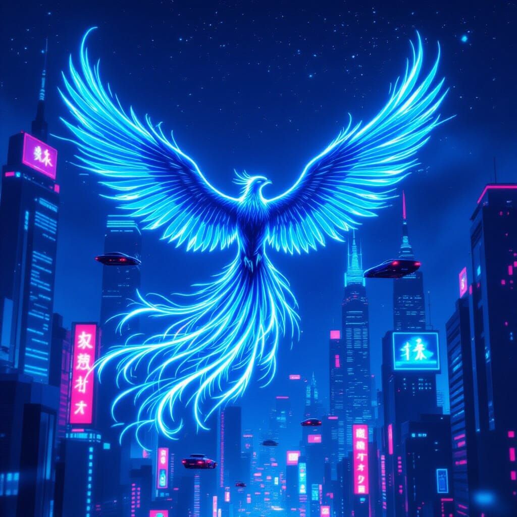 Bioluminescent Phoenix Over Neon Cyberpunk City