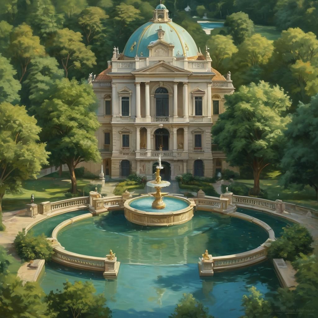 Baroque Fountain Digital Painting in Romanticism Style