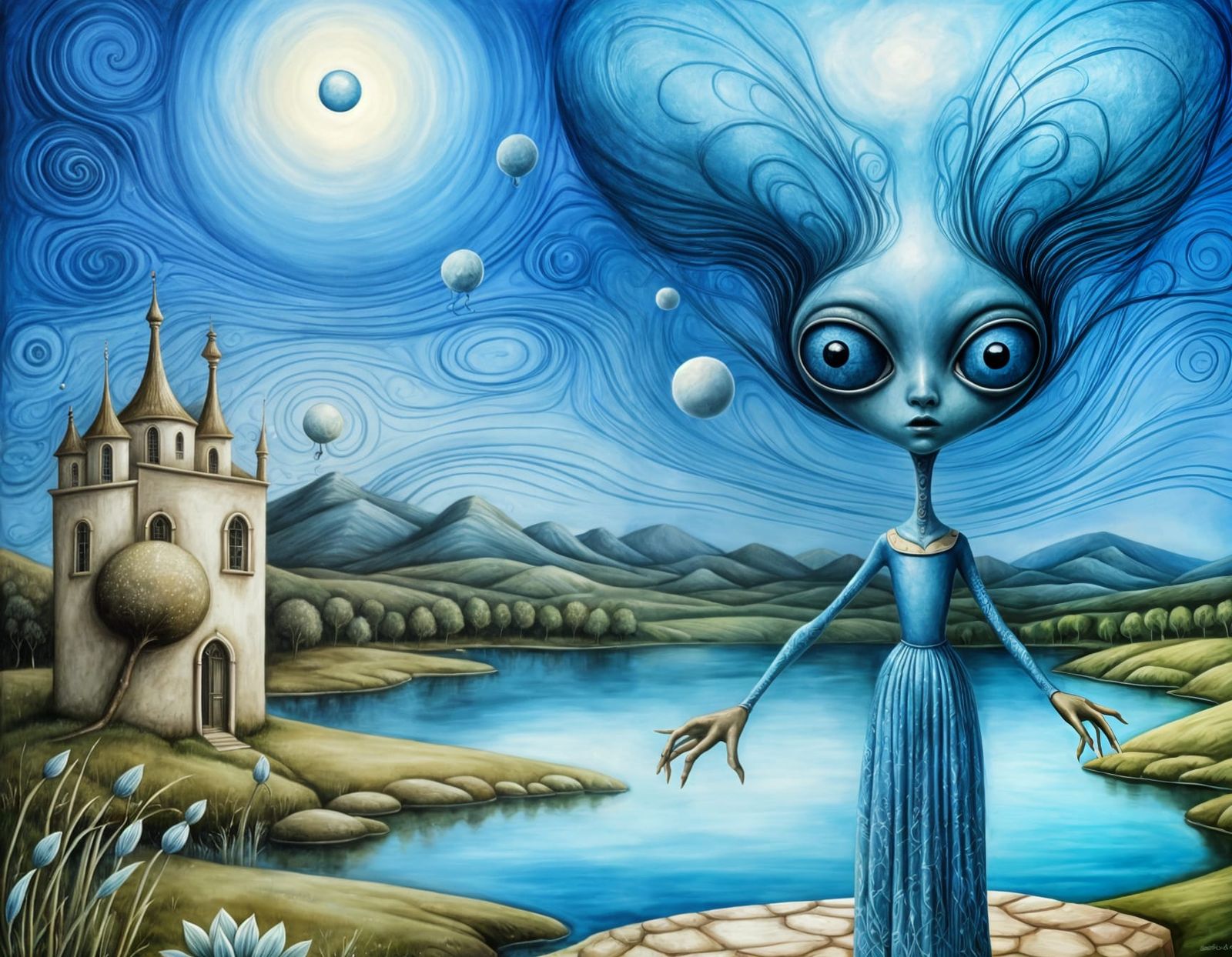 Surreal Alien by Lake in Salvador Dali Style