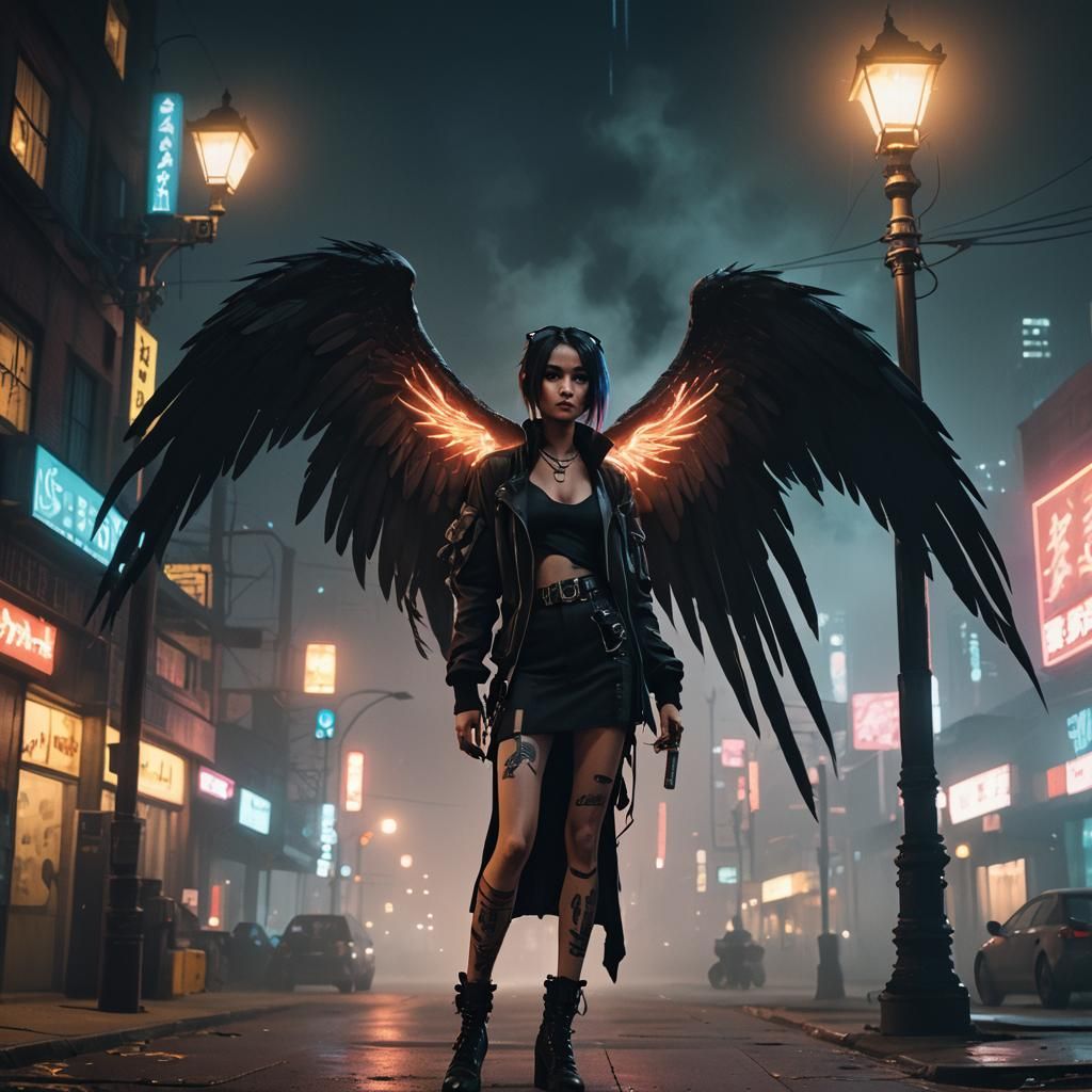 Goth Woman with Wings in Cyberpunk Neon