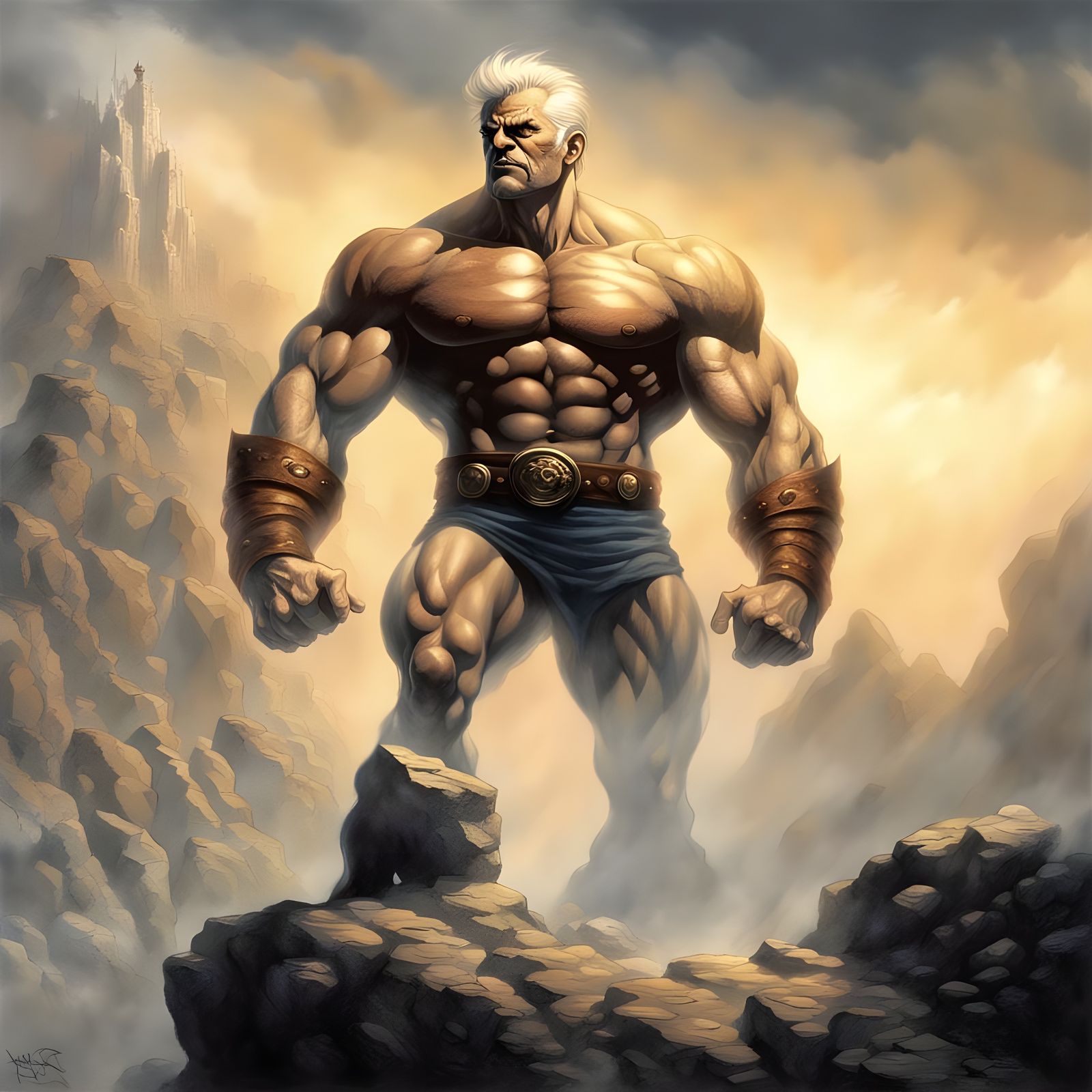 Muscular Hero on Rocky Cliff in Comic Art Style