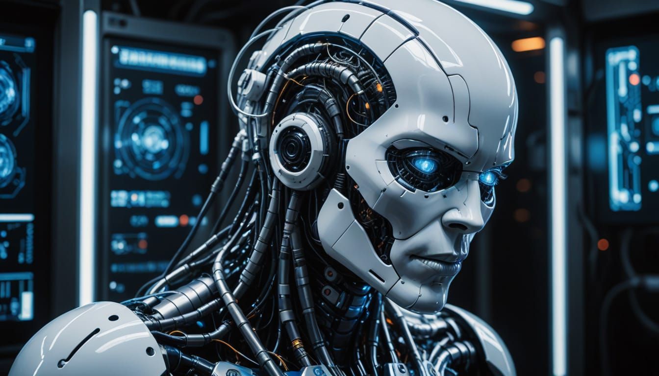 Cyberpunk Android Portrait with Glowing Brain and Cybernetic...