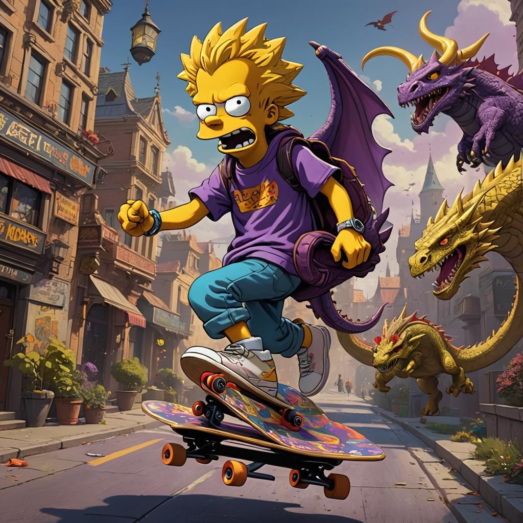 Bart Simpson Evades Dragon: Dark Fantasy Art