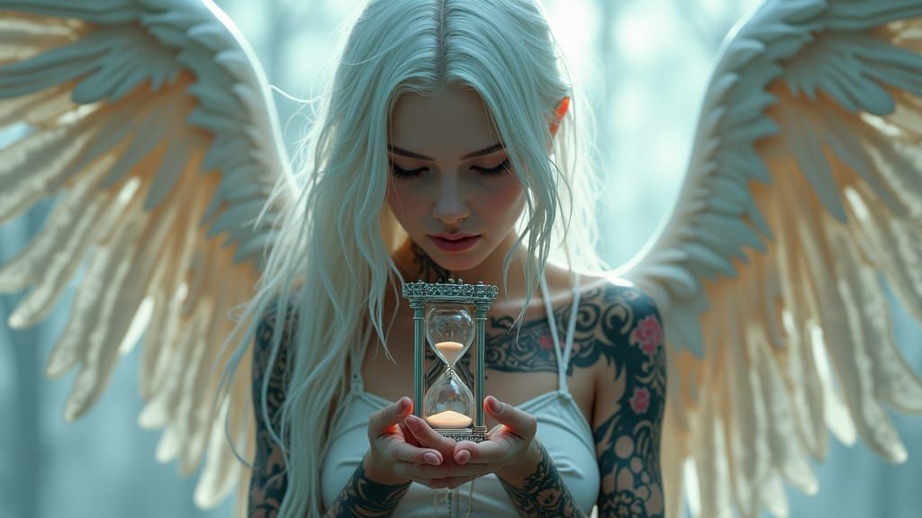 Cyborg Angel with Hourglass, Gothic Matte Painting