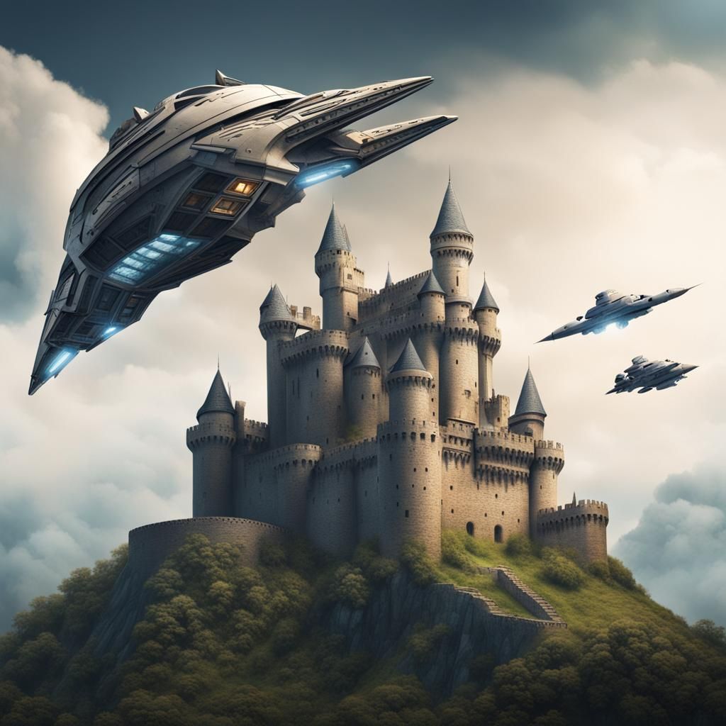 Science Fiction Spaceship Above Medieval Castle