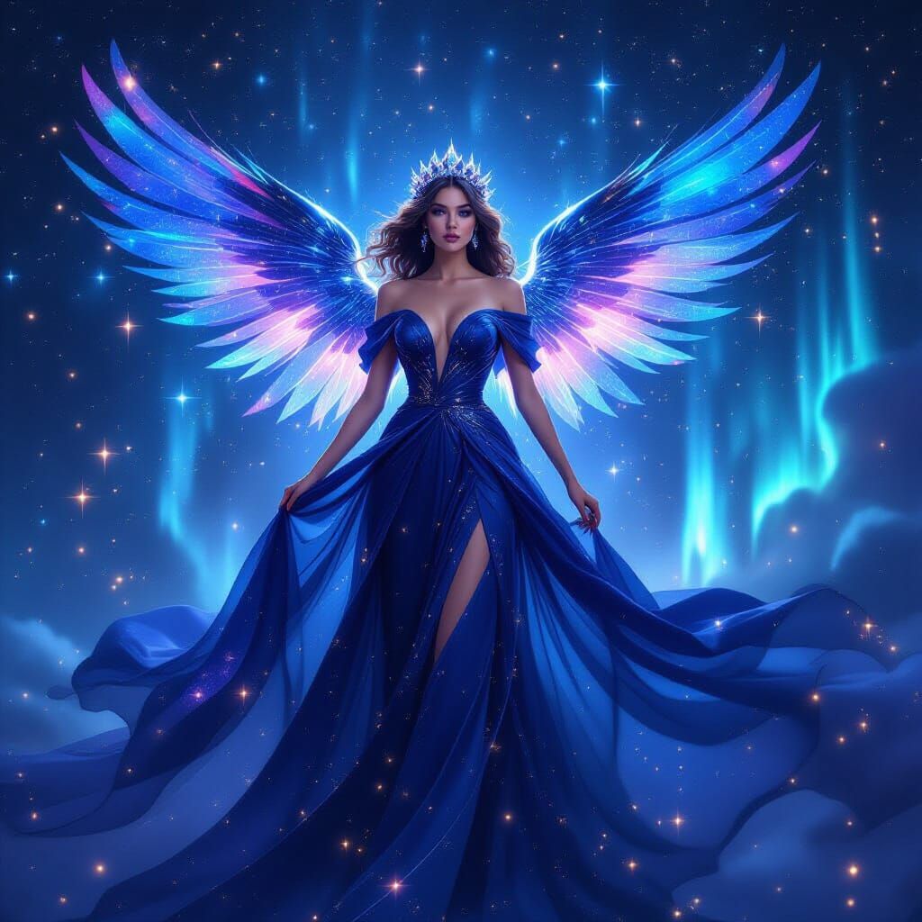 Cosmic Woman in Silk Gown with Starlight Wings
