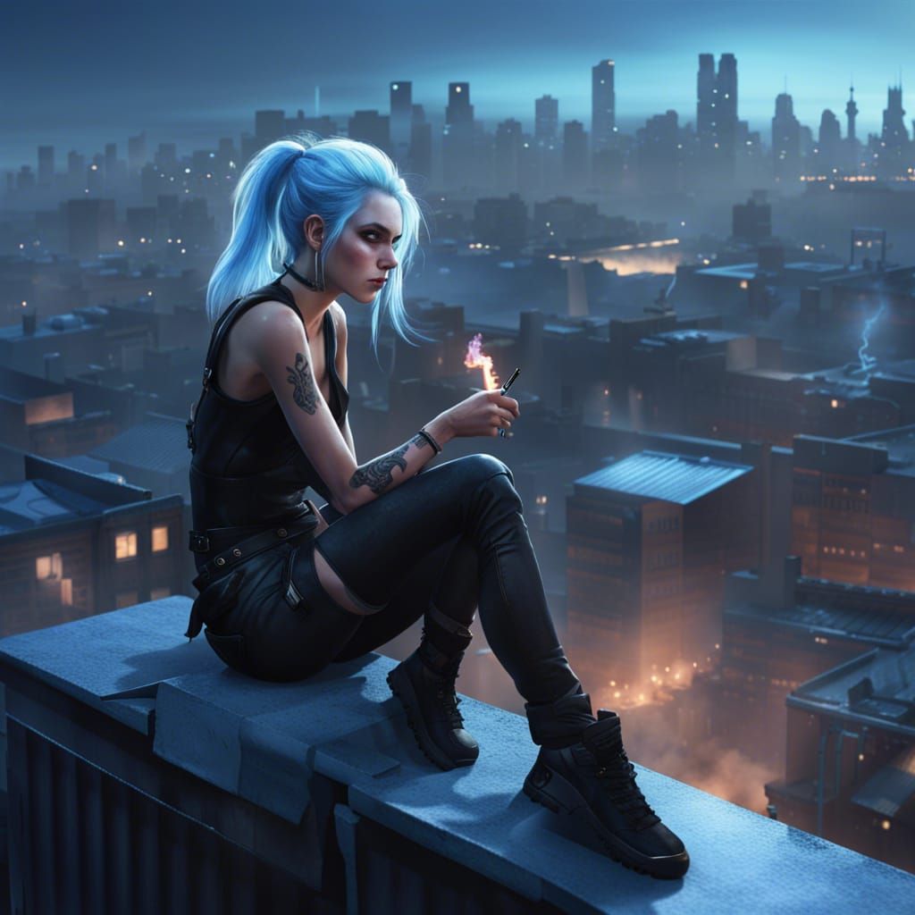 Goth Girl on Rooftop in Dark Fantasy Style