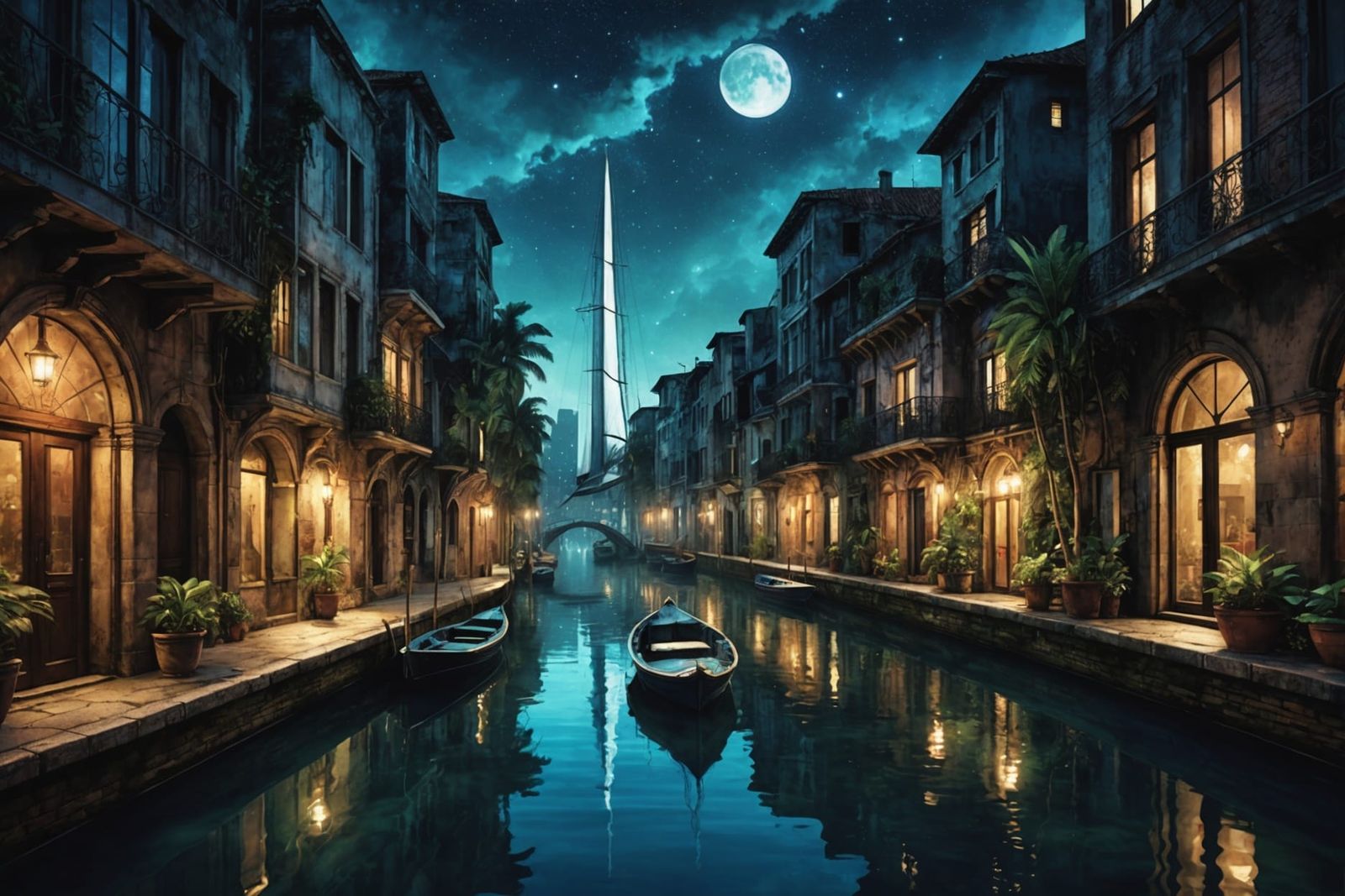 Tropical Canal Metropolis in Fantasy Art Deco Style