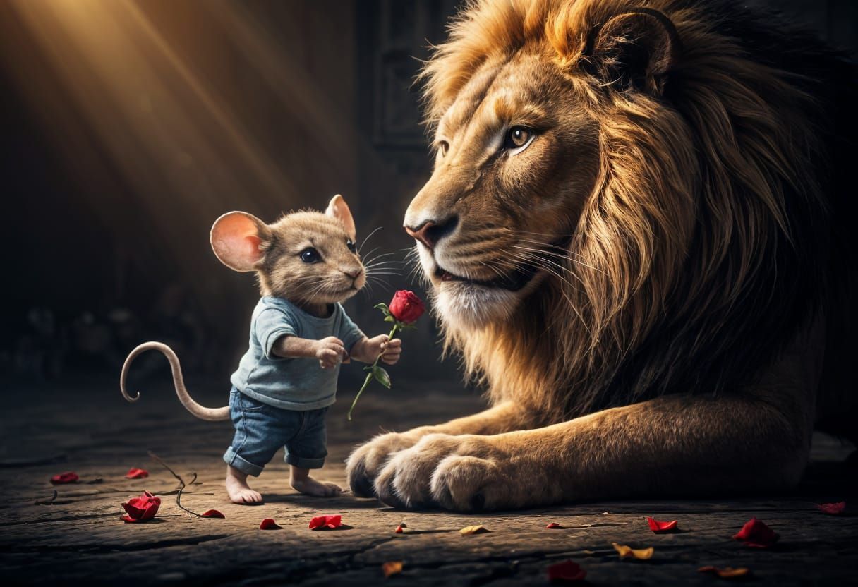 Mouse Tends Lion's Paw in Fantasy Realism Style