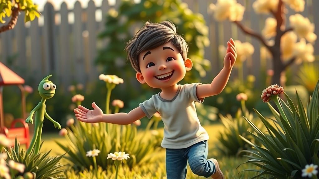 Vibrant Claymation Boy Plays Catch with Gumby in a Colorful...